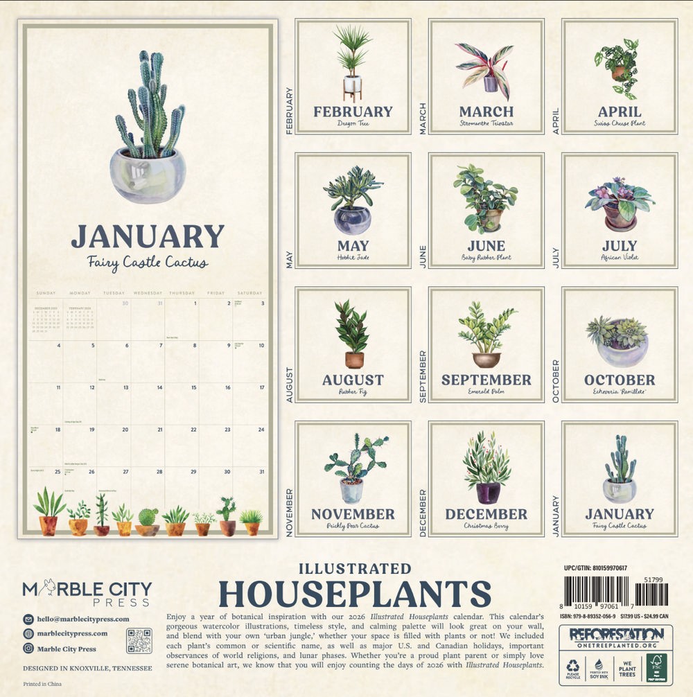 Houseplants Calendar 2026 | 12″ x 24″ 12 Month Calendar | Marble City Press