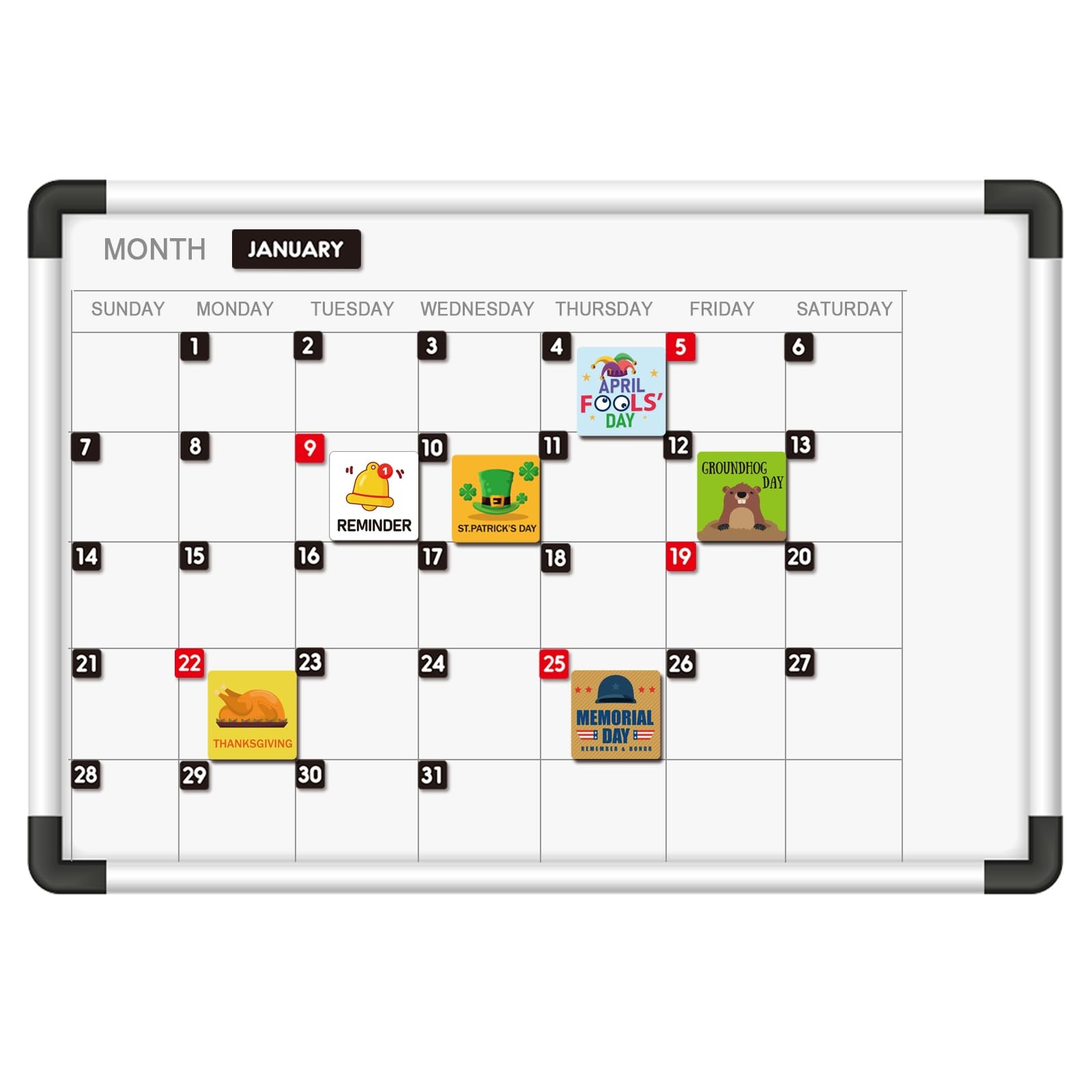 Double-Sided Magnetic Numbers and Months size 0.55″x0.55″, Black-red