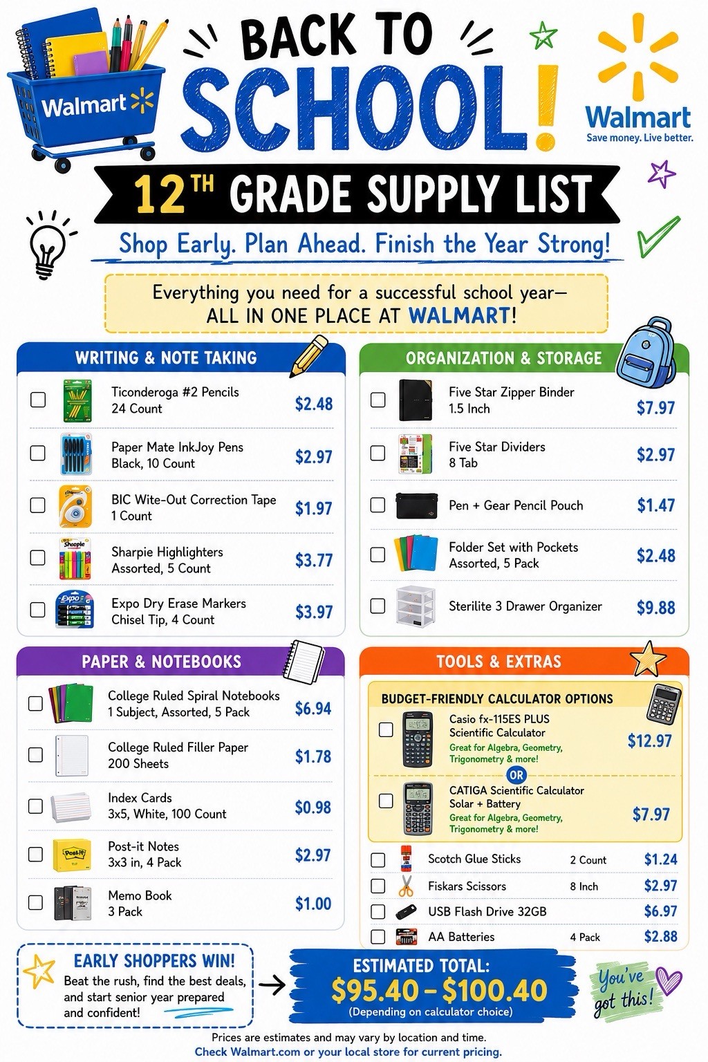 12th Grade Back to School Supply List Walmart Printable PDF with Prices