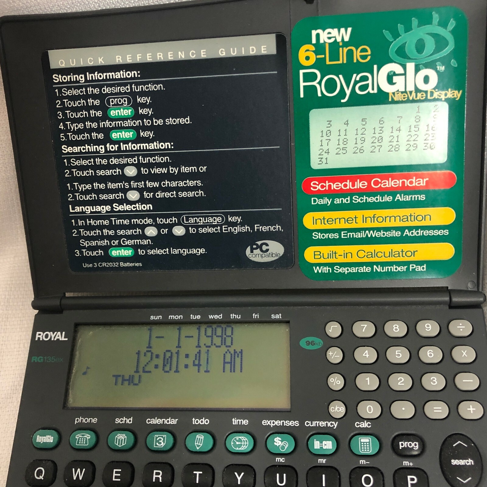 Royal RG 135EX RoyalGlo Display Personal Organizer Manual Batteries
