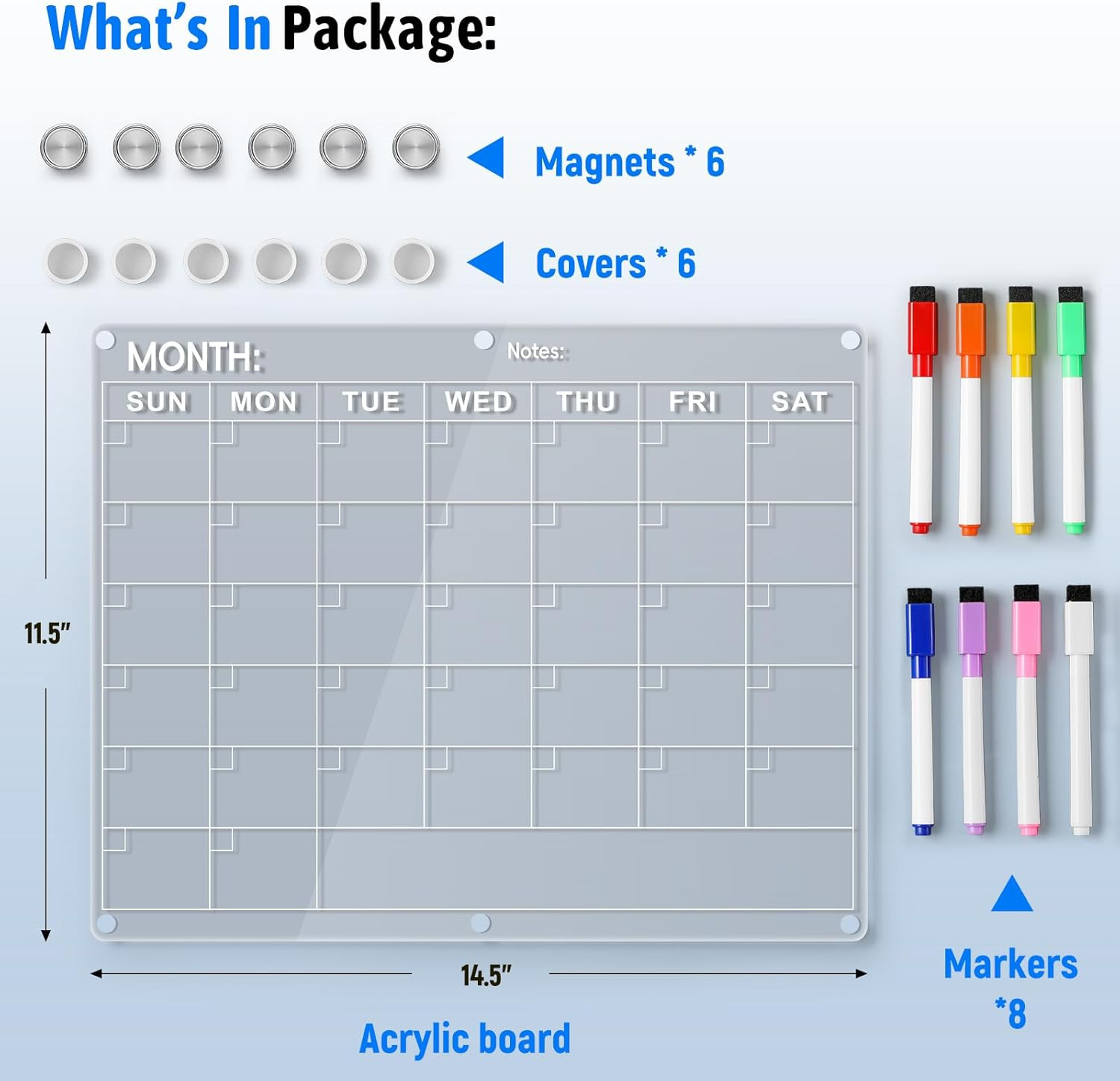 Acrylic Fridge Calendar, Magnetic Monthly Planner with 8 Color Markers, Clear Dr