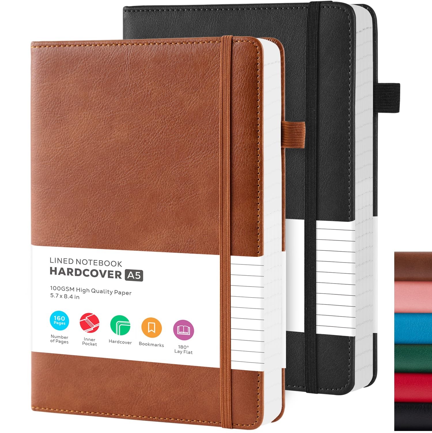 Lined Journal Notebook, A5 (5.7” x 8.4″), 2 Pack Journaling A5, Black_Brow
