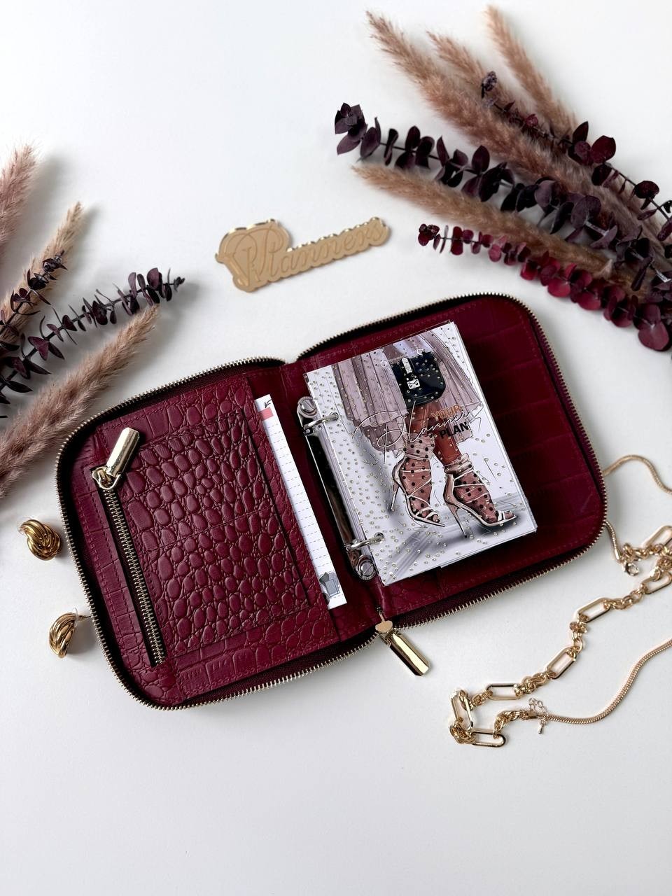 Luxurious Burgundy Genuine Leather A7 Pocket Planner – Golden Leopard Edition