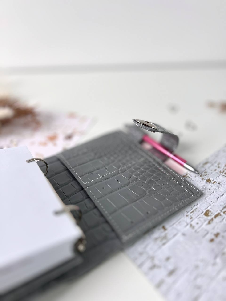 Grey leather notebook cover A7 6 rings mini wallet, dated 2026 planner.