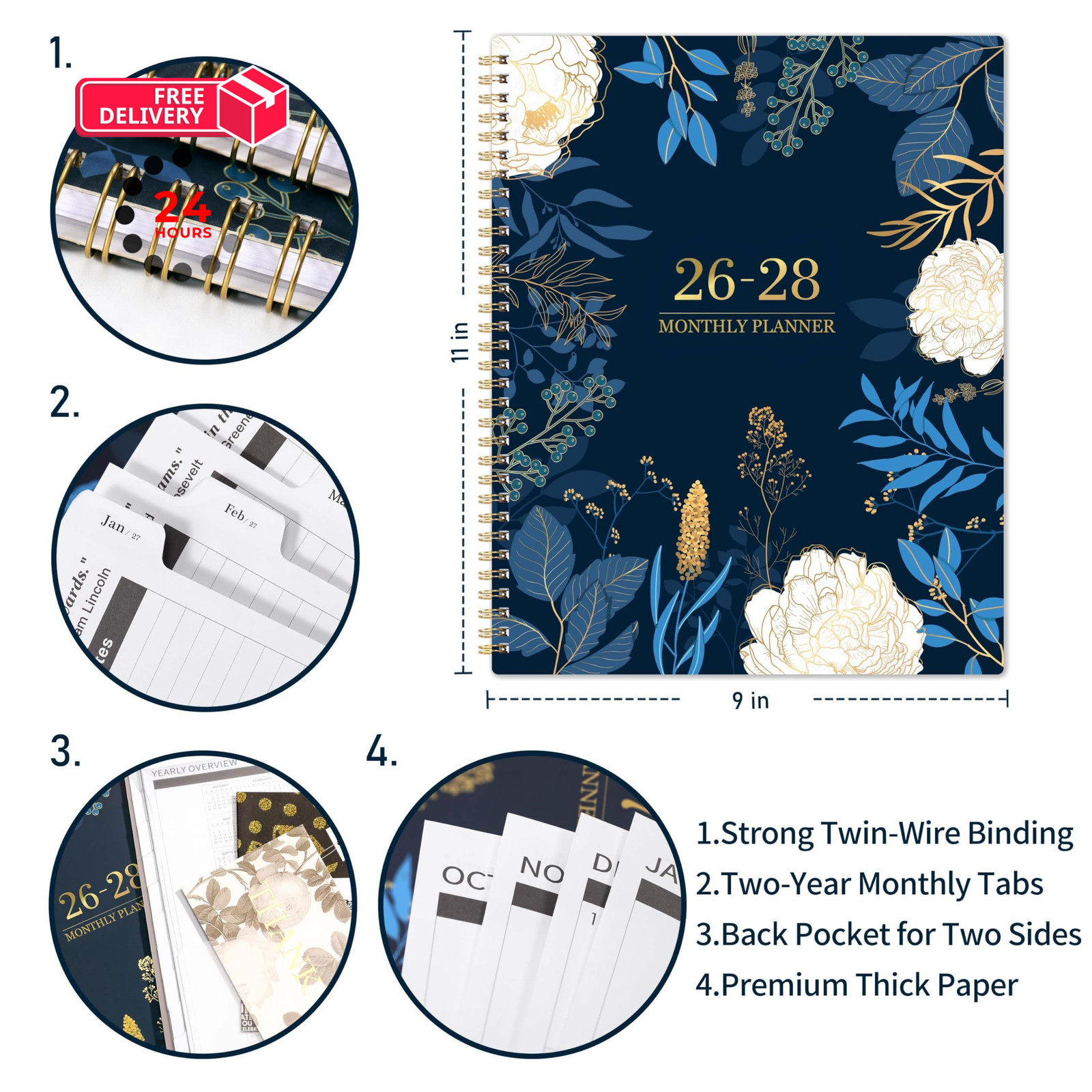 2026-2028 Monthly Planner – 2 Year Planner/Calendar 11″ x 9″, blue