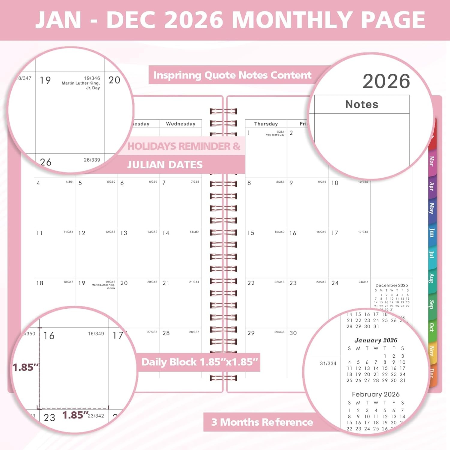 2026 Planner Weekly Monthly Calendar with Tabs Inner Pocket 8.5″x6.4″ Organizer