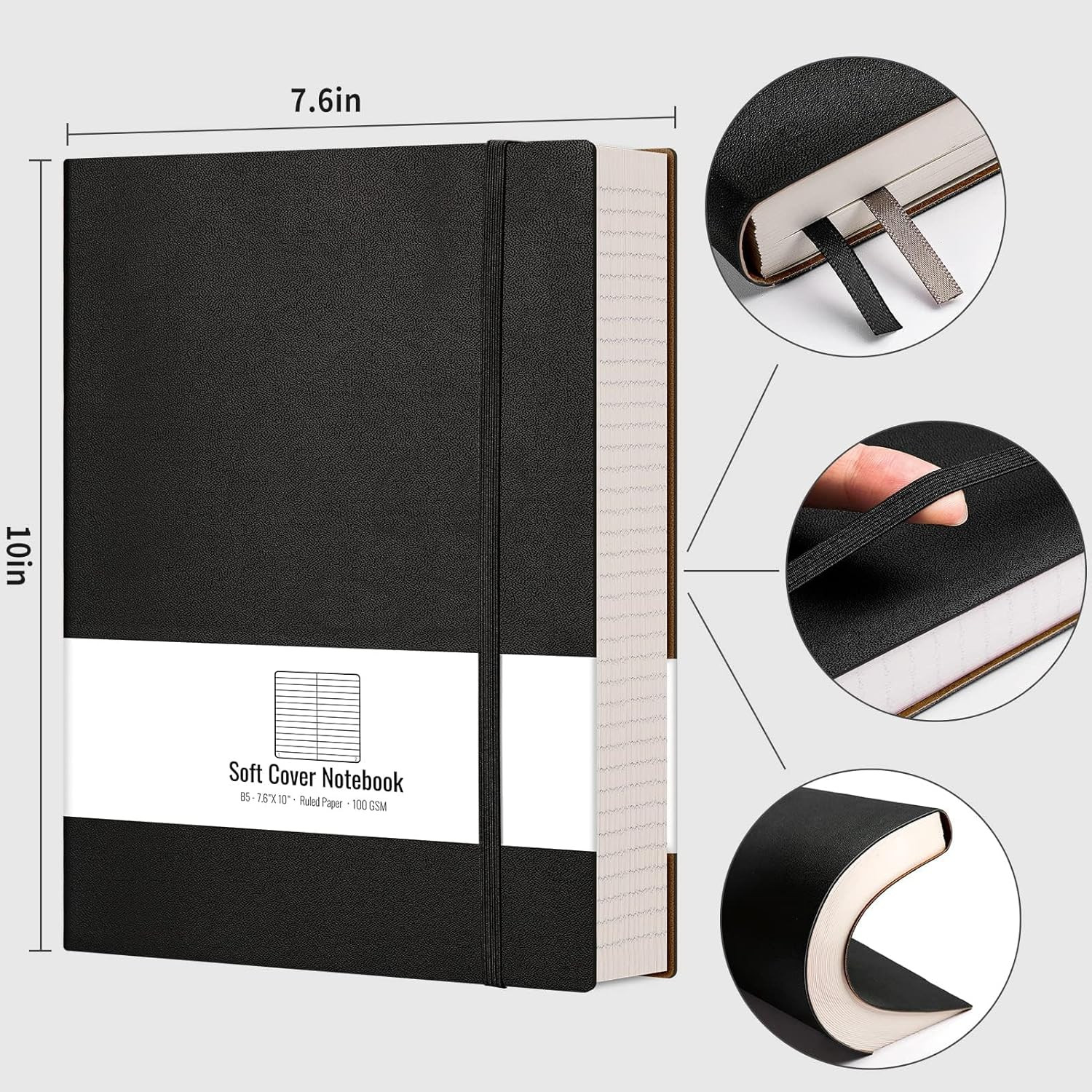 B5 Lined Journal Notebook 320 Numbered Pages 100 GSM Leather Soft Cover Black