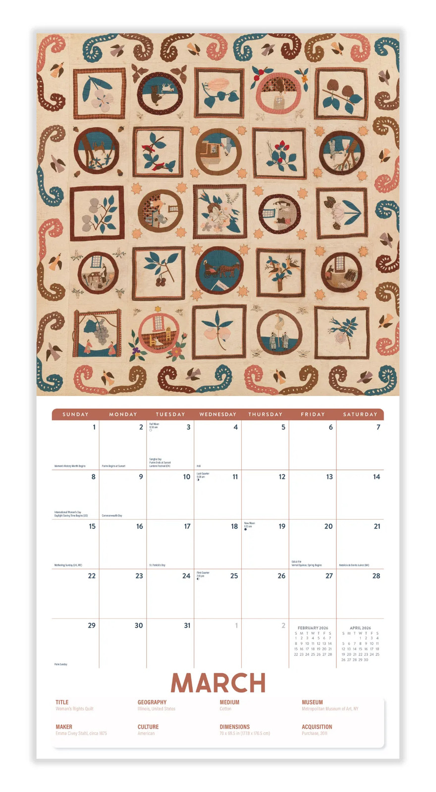 The Artful Quilt Calendar 2026 | 12″ x 24″ 12 Month Calendar | Marble City Press