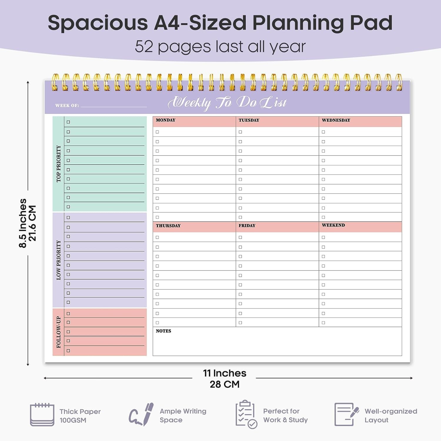 Durable 8.5” x 11” Weekly Notepad – 52 Undated Pages for Office & Home Planning