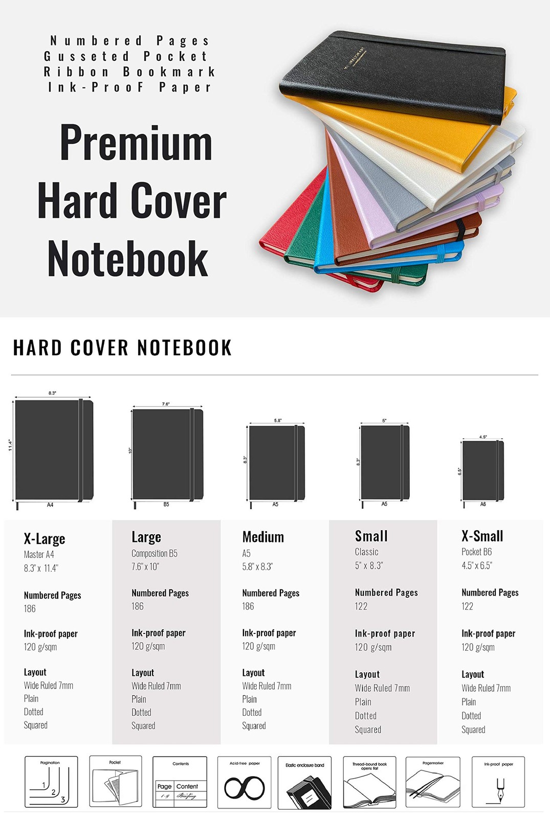, Premium Hard Cover Notebook Journal, Medium Size, A5 5.8″ x 8.3″, 186 Numbe…