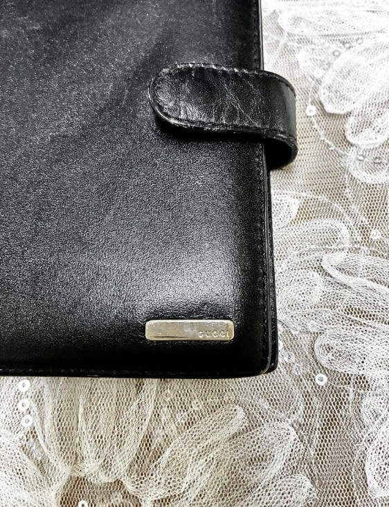Gucci Notebook Cover Logo Plate Agenda Leather Black Used From Japan