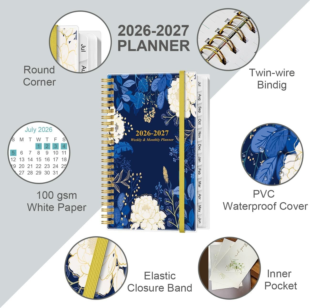 Compact Blue Leaf Pocket Calendar 2026-2027: Stylish Organizer with Inner Pocket