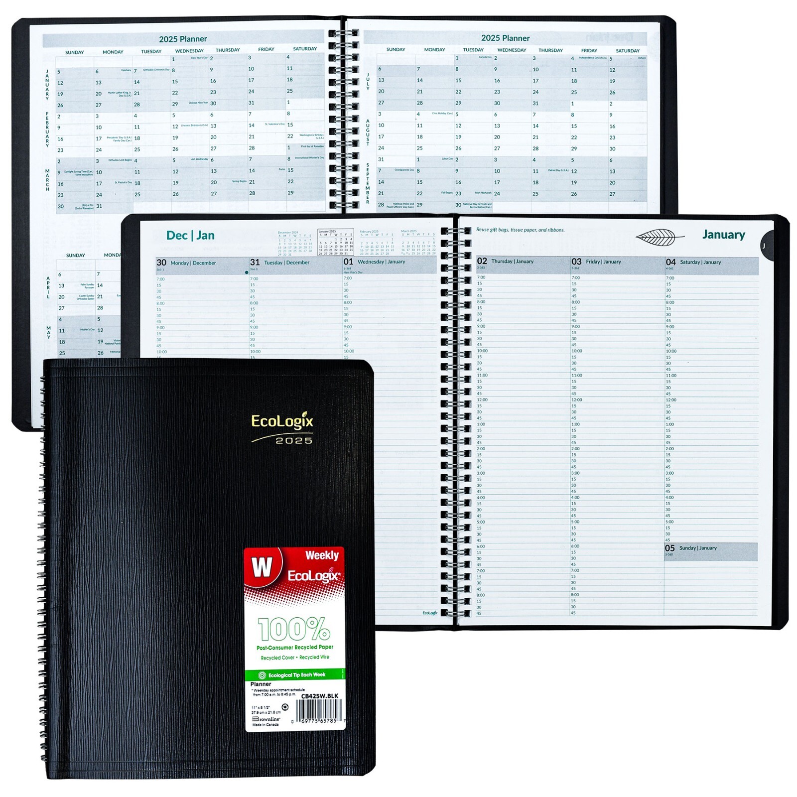2025 Brownline EcoLogix CB425W.BLK Weekly Appointment Book, 8-1/2 x 11″