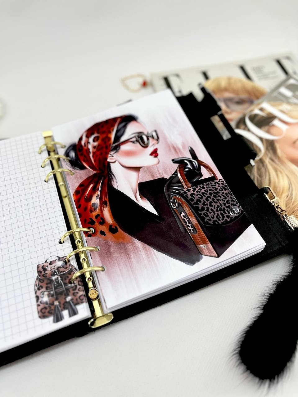 Midnight Luxe: Black & Gold A5 Leather Binder. Cat leather planner A5. Gift A5.