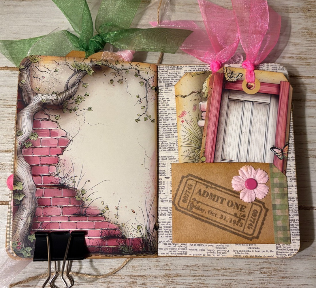 Junk Journal Handmade Booklet Book Vintage “Pink Garden” Pockets, Ephemera