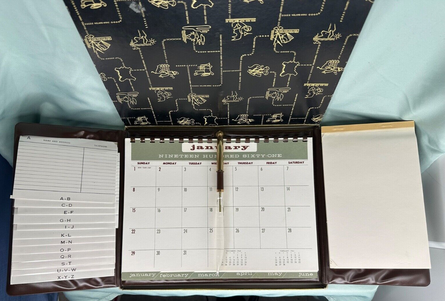 VINTAGE 1961 PLANNER CALENDAR ADDRESS BOOK PAPER PEN LETTER OPENER PLASTIC CASE