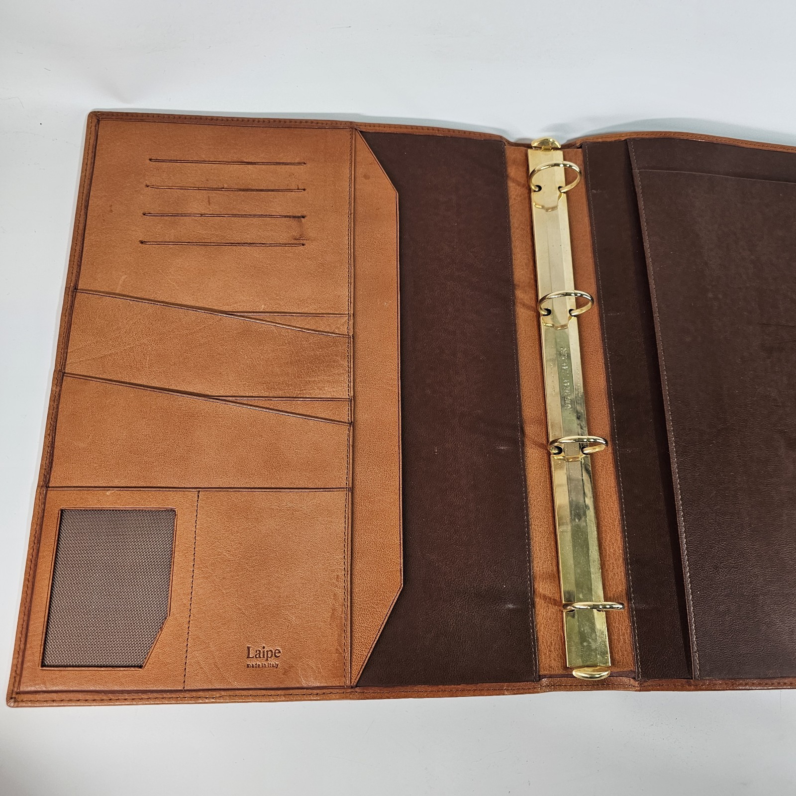 Laipe Leather Portfolio 4 Ring Binder Tan Lawyer Formal Document Note Pad Italy