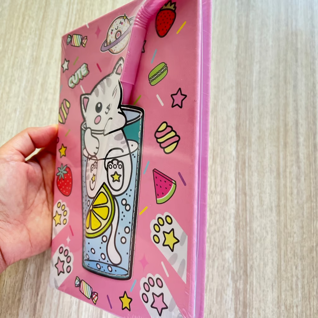 Cute Journal Notebook, Kitty, 5.3 X 7.3″ with Straw Pen NEW!