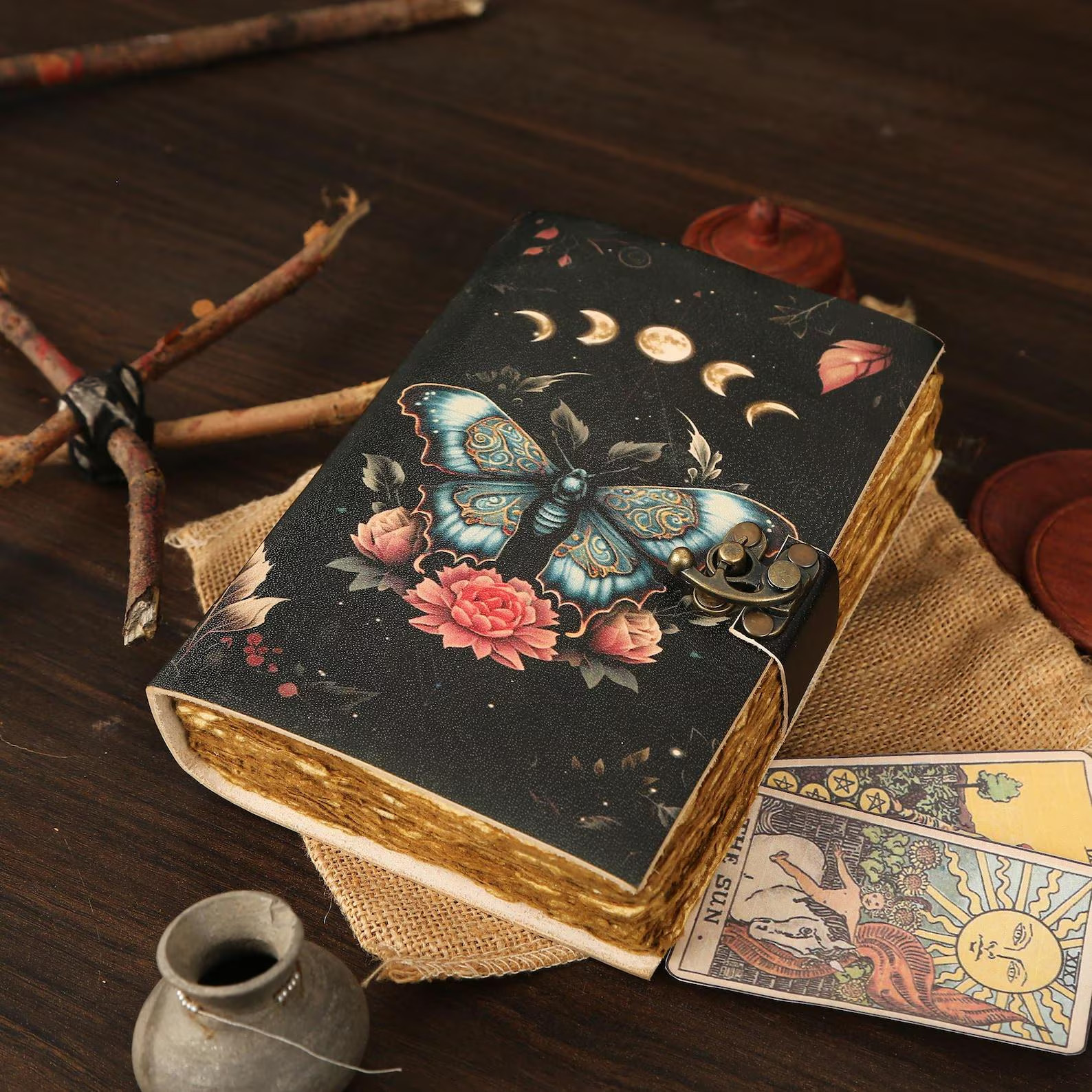 Handmade Luna Moth Butterly Vintage Deckle Edge Paper Leather Journal Blank.