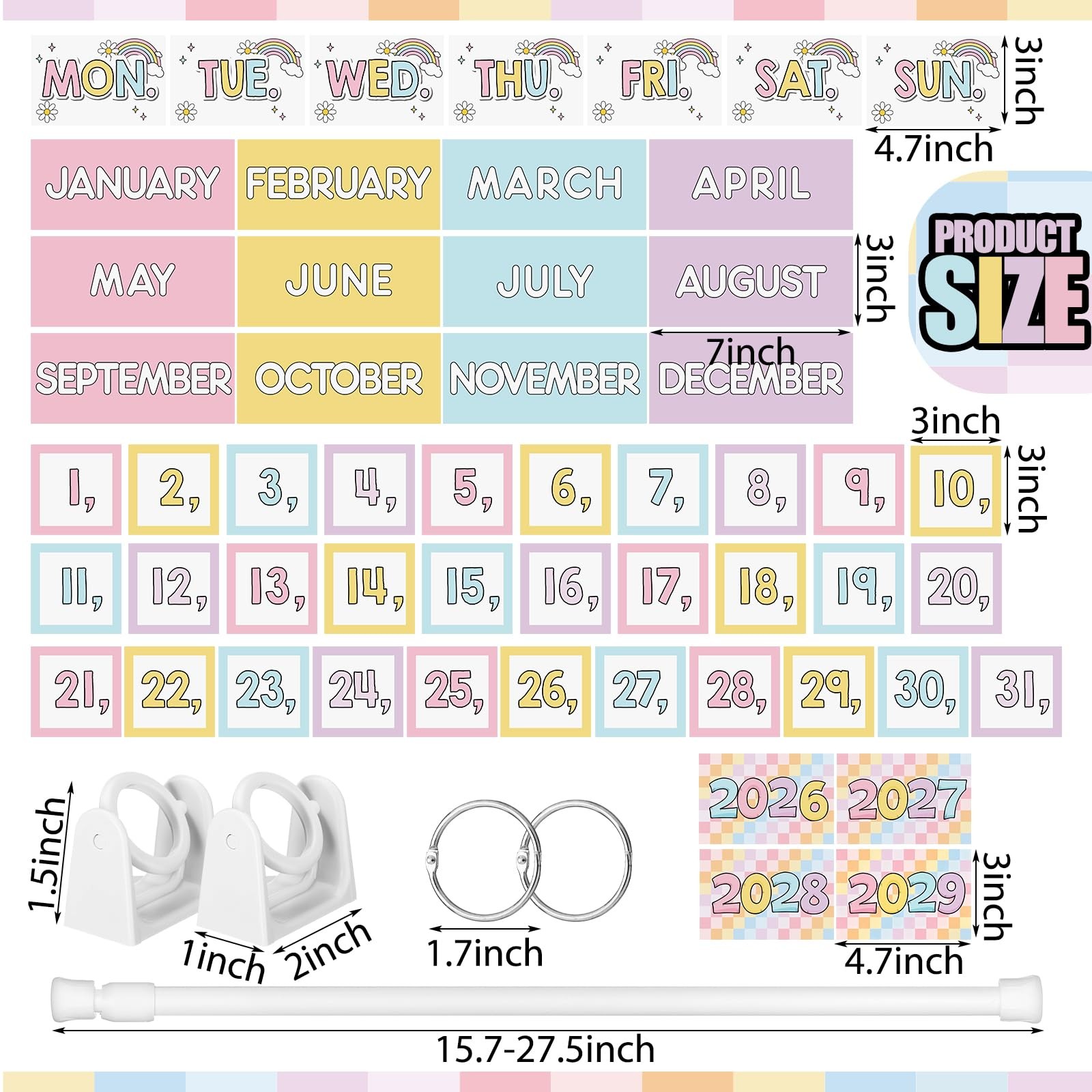 54 PCS Pastel Rainbow Flip Calendar Bulletin Board Date Card 20262028 Teacher