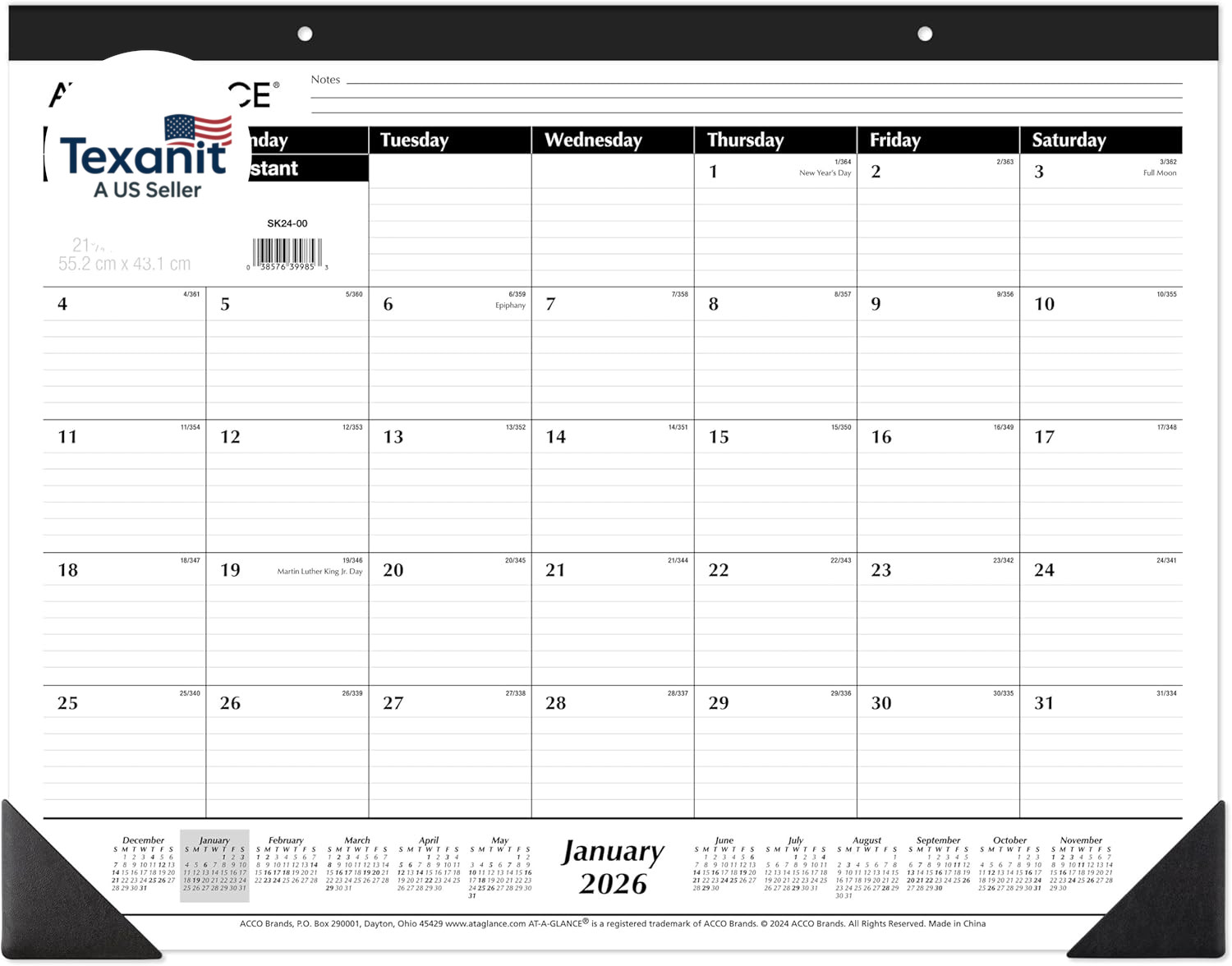 2026 Desk Calendar, Monthly, Desk Pad, 21-3/4″ X 17″, Large, Ruled Blocks (SK240