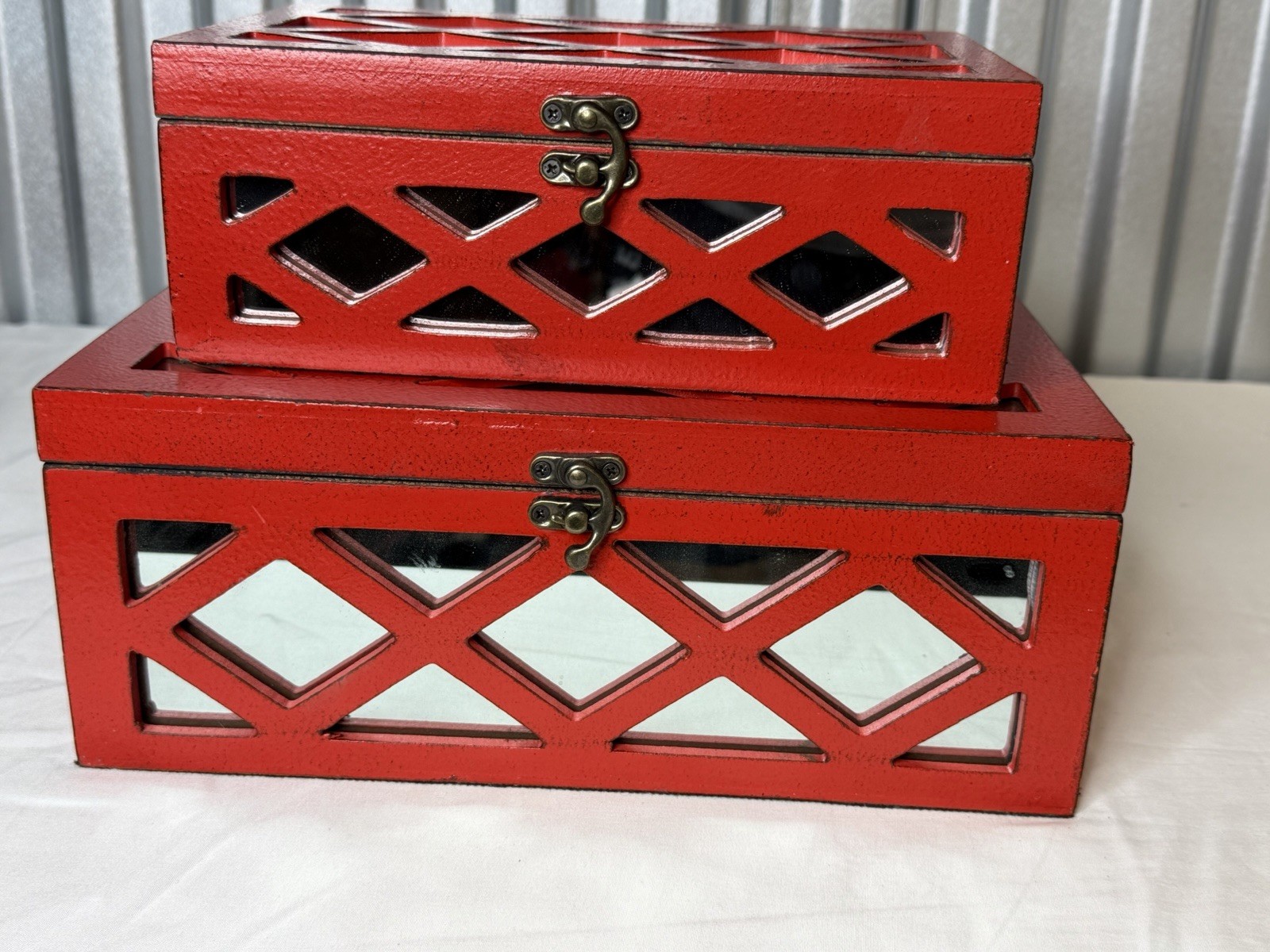 Set of Two Red Mirrored Glass And Solid Wood Box With Lid