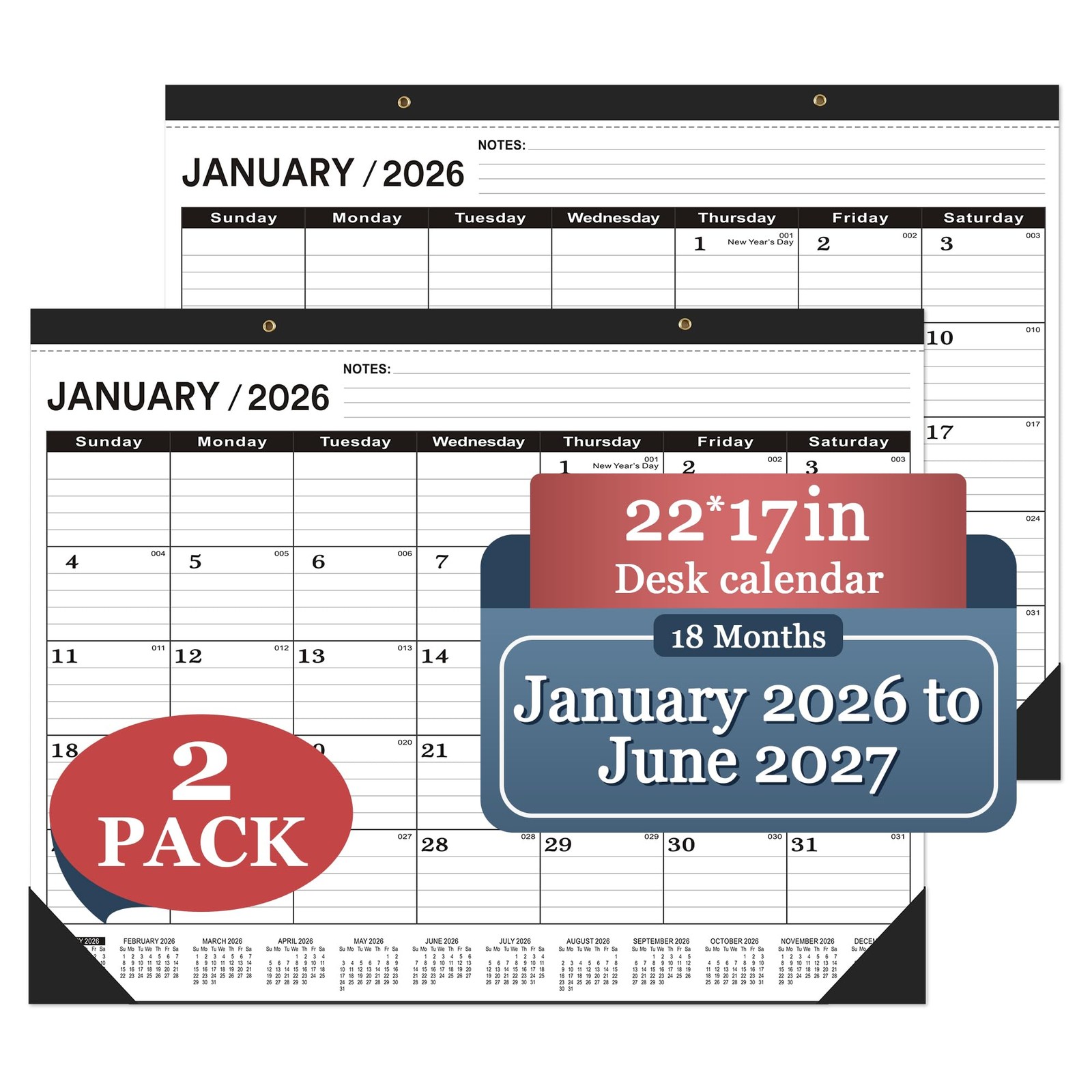 Desk Calendar 2026, 2026 Large 22 2026-2027-JAN-2PCS, Black