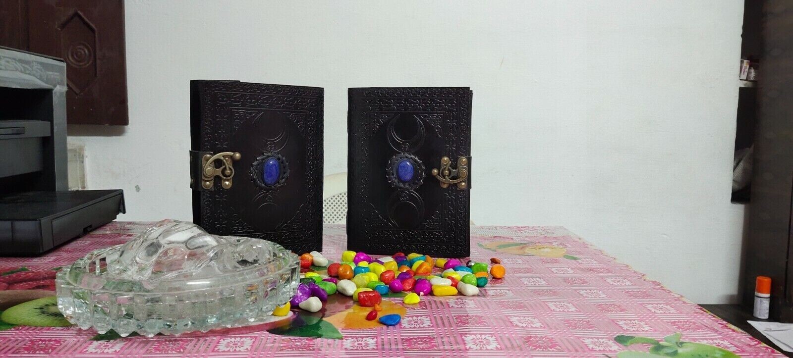 6 x 8 Leather Journal Notebook Pack 2 Black Triple Moon Deckle & blank Paper