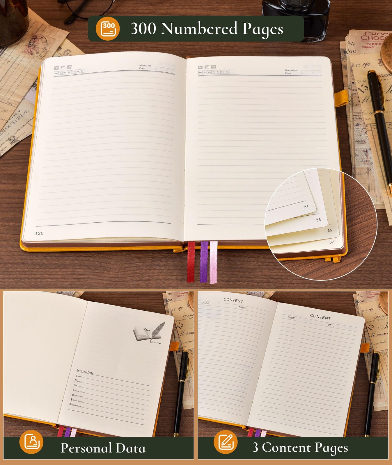 Vintage Leather Journal with 300 Numbered A4 (8.5in X 11.3in), Orange