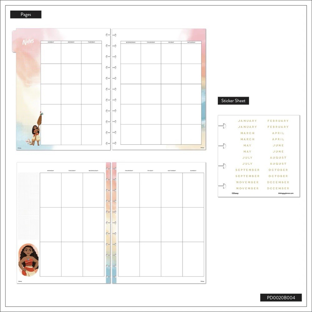 Undated Disney Moana Planner Size BIG VERTICAL LAYOUT – 12 MONTHS
