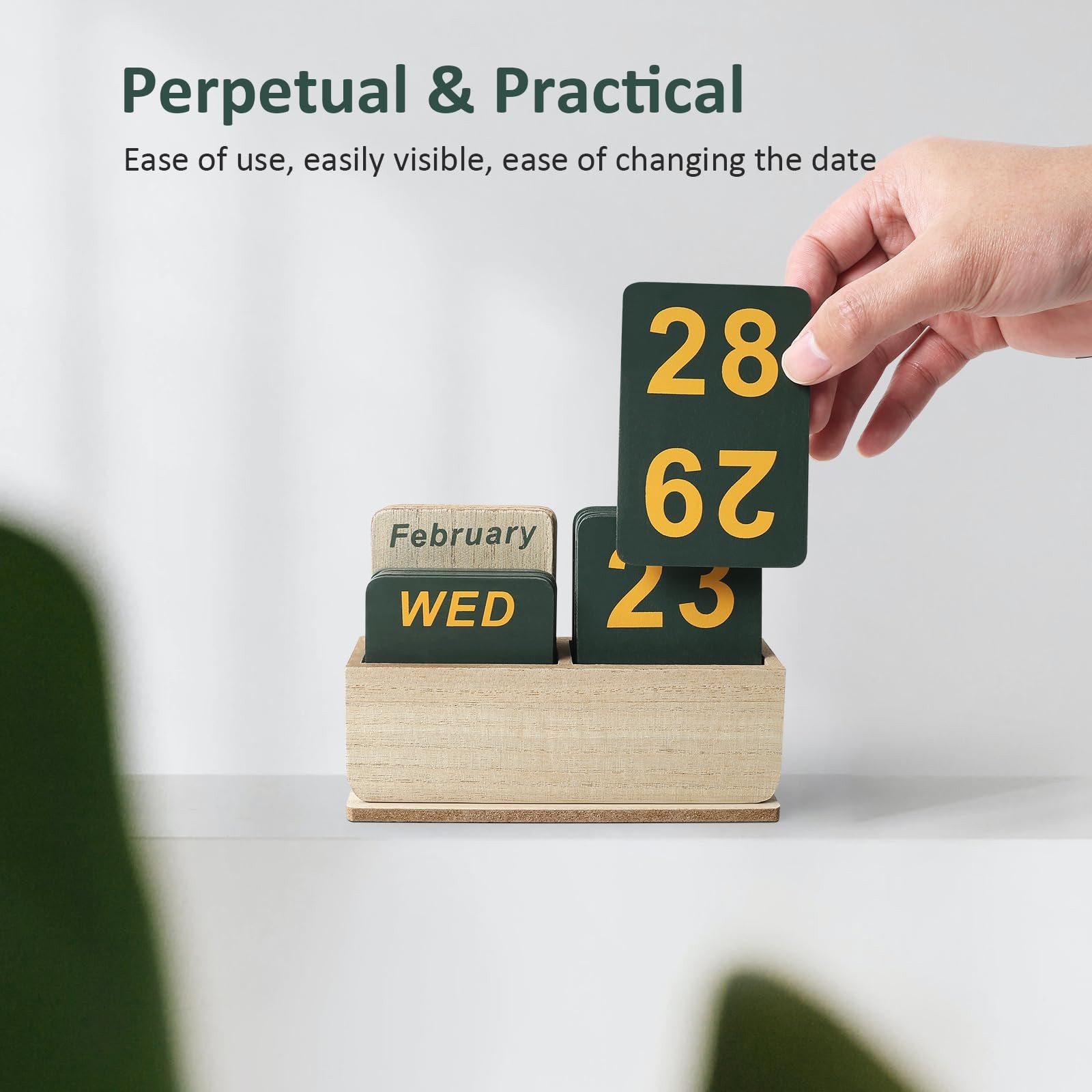 DEERINE Wooden Block Perpetual Calendar for Desk, Daily Desktop Wood Grain