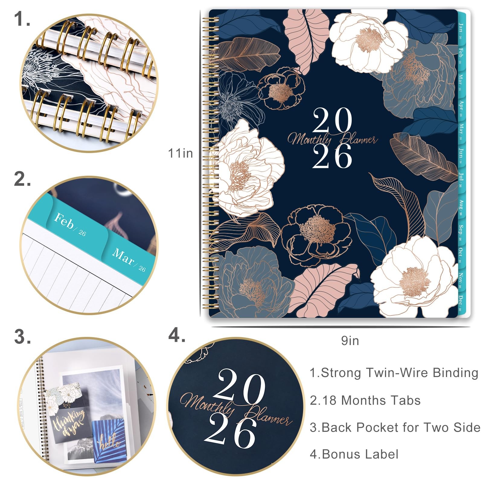 Monthly Calendar 2026, Twin Wire Binding, Floral Design, Thick Paper, Blue