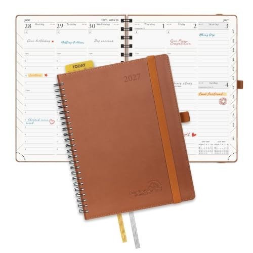 Weekly Monthly Planner 2027 6.5×8.5 Inch Spiral Leather Cover Hourly Time Slots