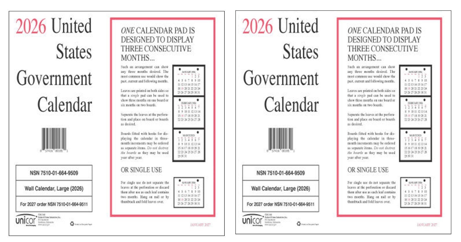 Unicor 2026 Fed Wall Calendar, Qty=2, Individual, Single, Displays 3 Months