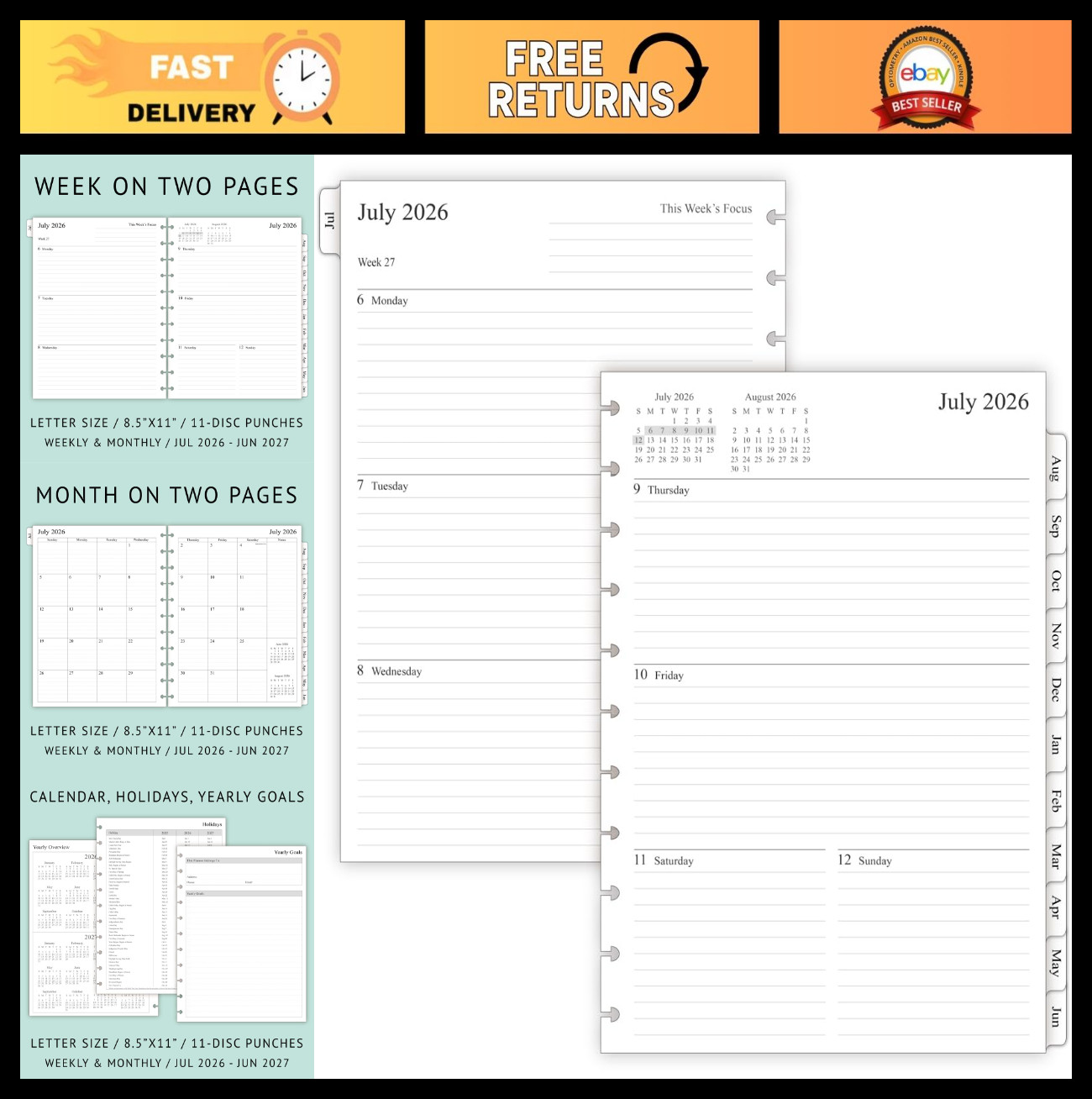 Weekly Planner Refills 2026-2027 for 11-Disc Notebooks, Monthly Tabs, Letter Siz