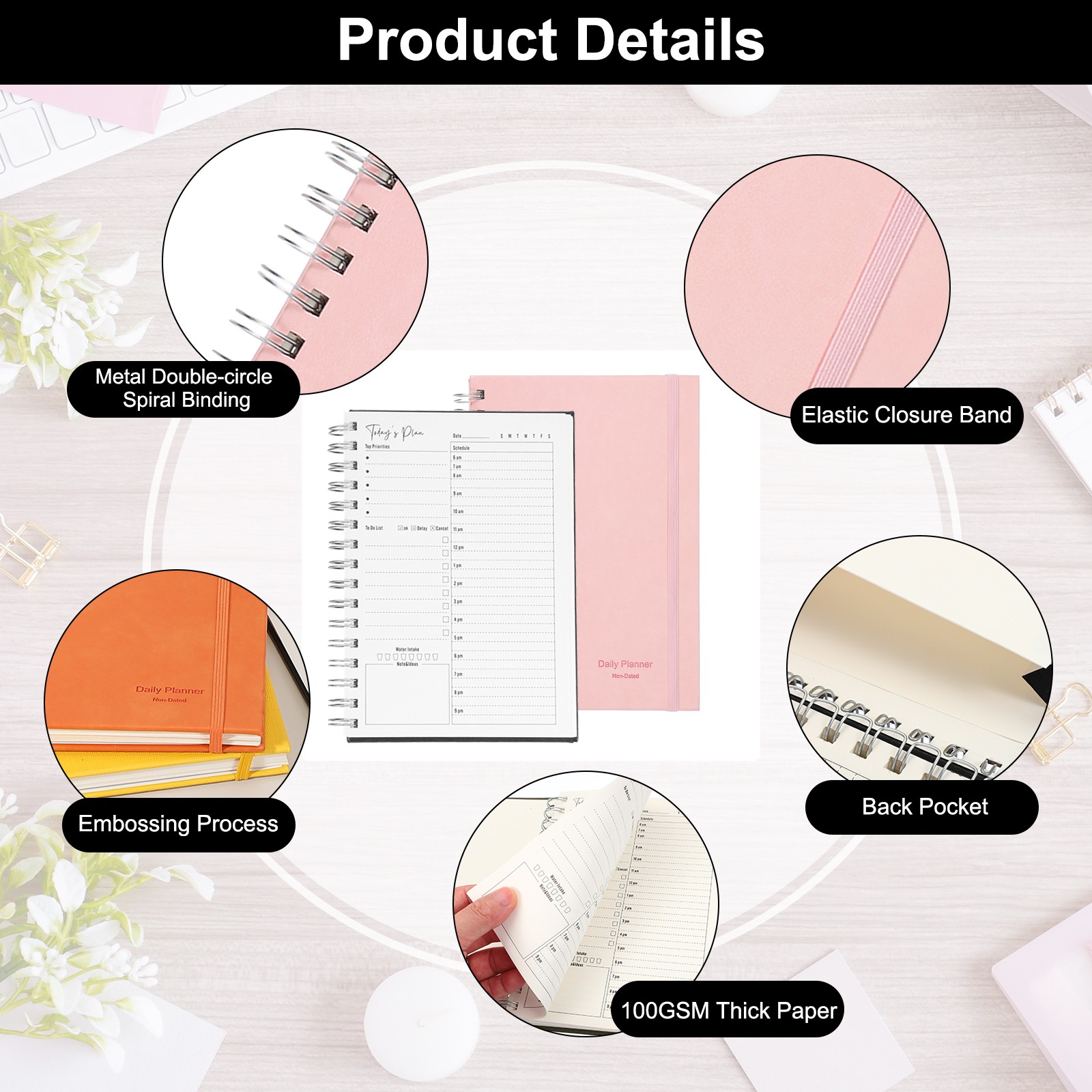 A5 5.5″x 8.5″ Undated Daily Planner with Hourly Schedule Inner Pocket, Pink