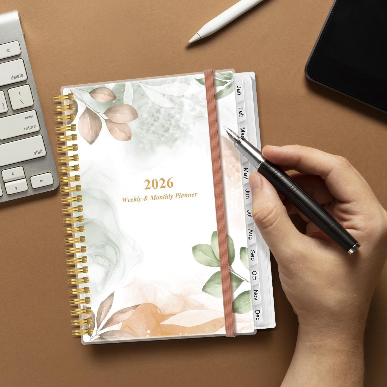 Compact 2026 Weekly & Monthly Planner – A5 Size, Rose Leaf Cover, Tabs Included