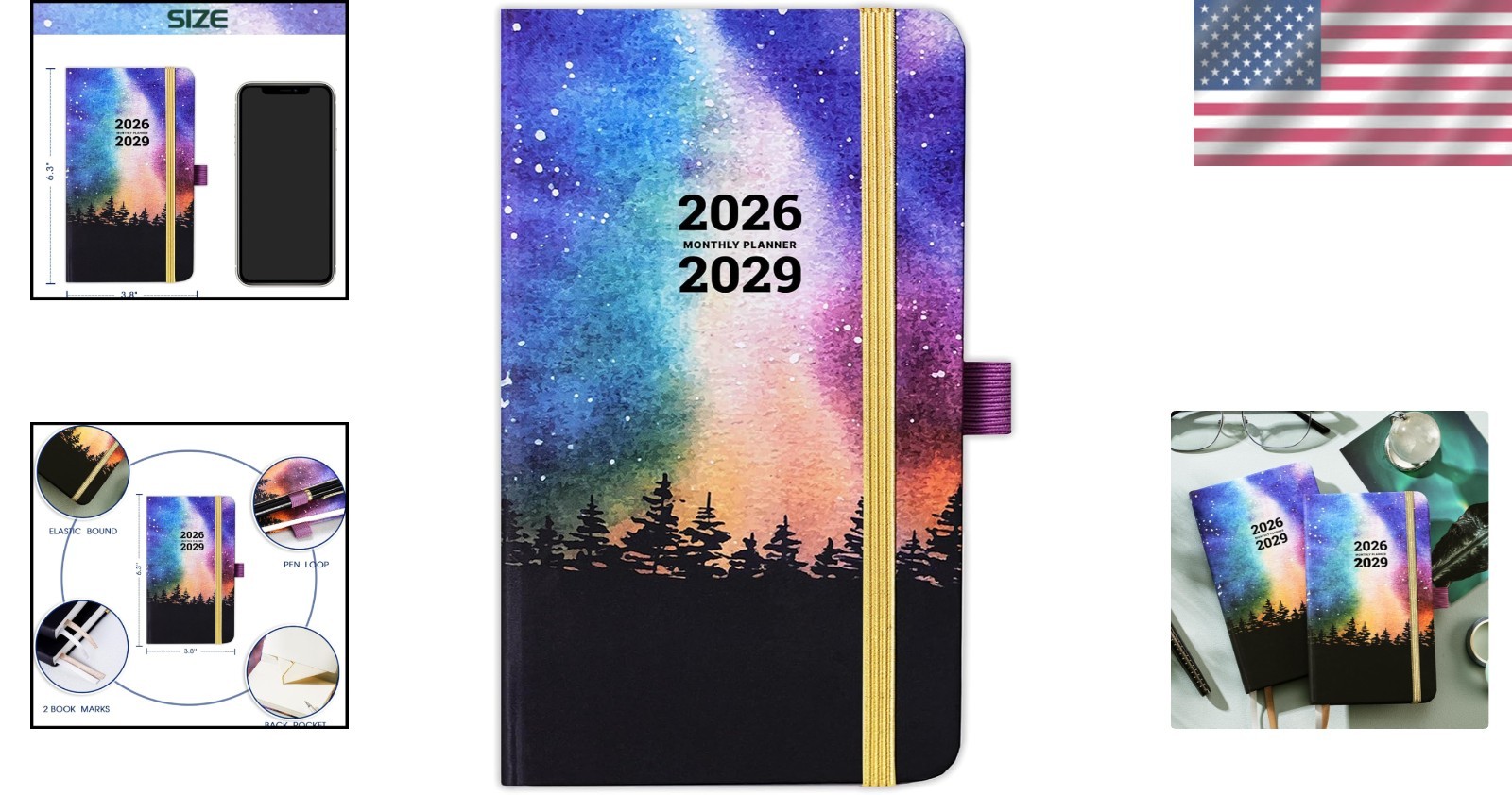 Portable 36- Planner 2026-2029: Inner Pocket & Pen Holder Included