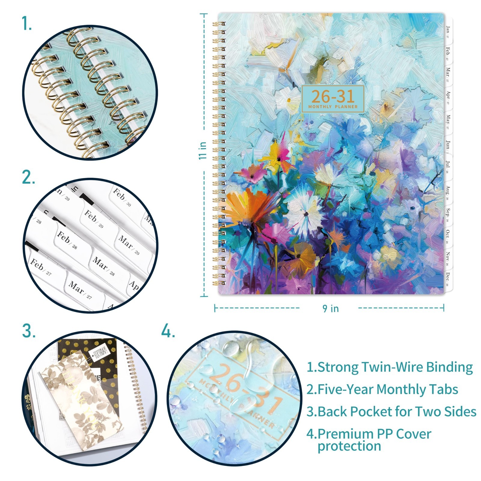 5-Year Monthly Planner 2026-2031, 9″x11″, Twin-Wire, 60 Tabs, Back Pocket, Water
