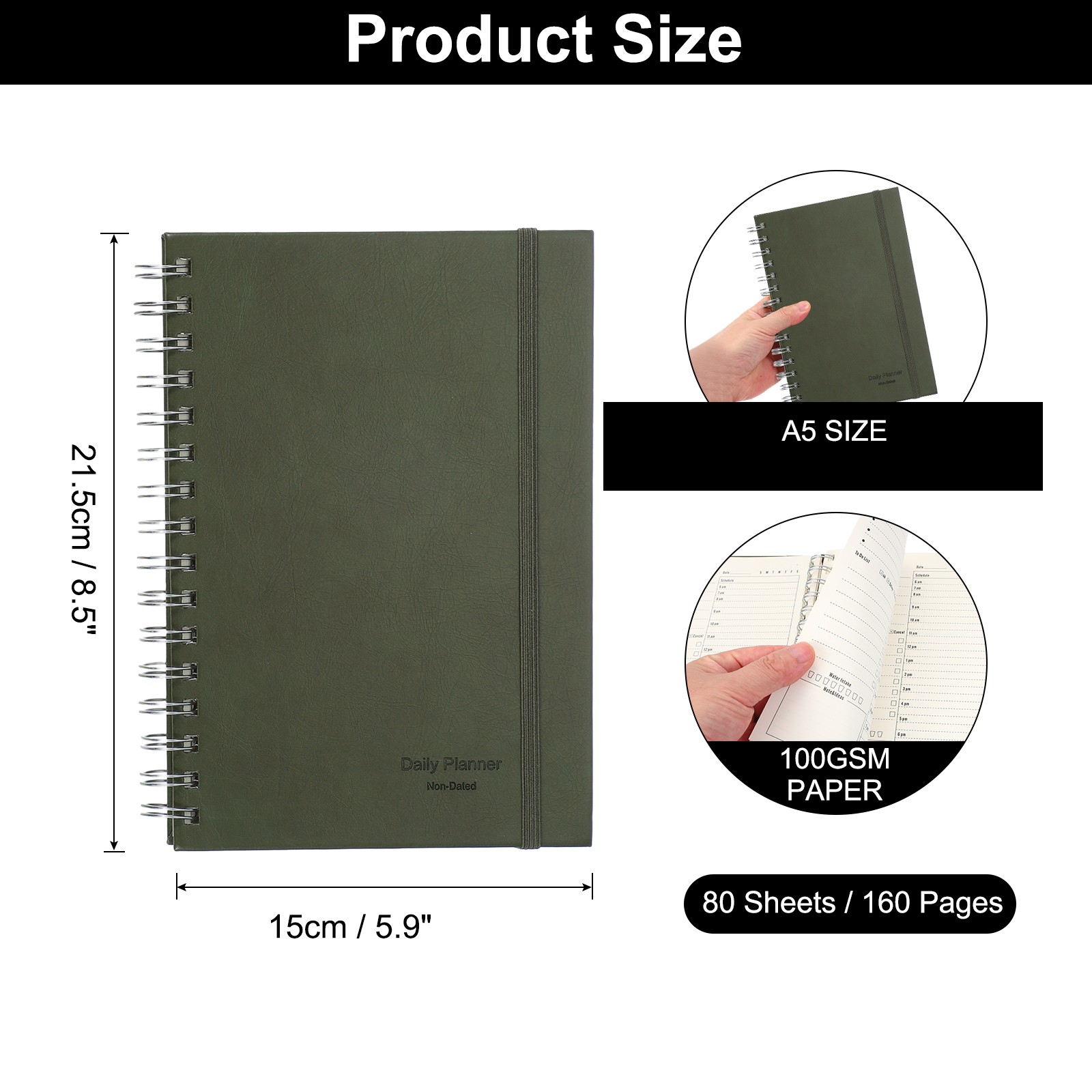 A5 5.5″x 8.5″ Undated Daily Planner with Hourly Schedule Inner Pocket, Green