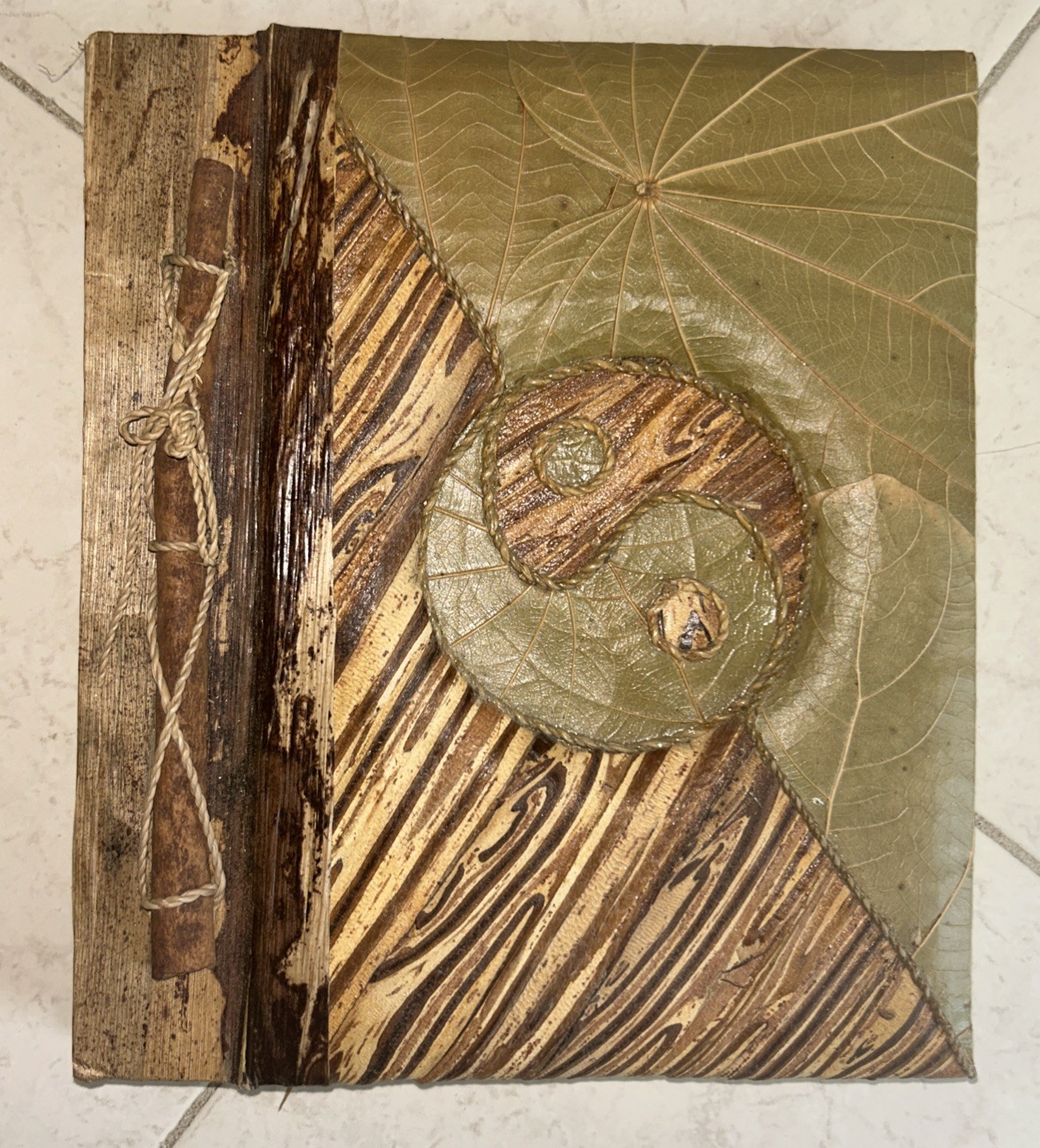 Handmade Blank Journal with Leaf, Wood & Twine Cover, Unlined Pages Bamboo Paper