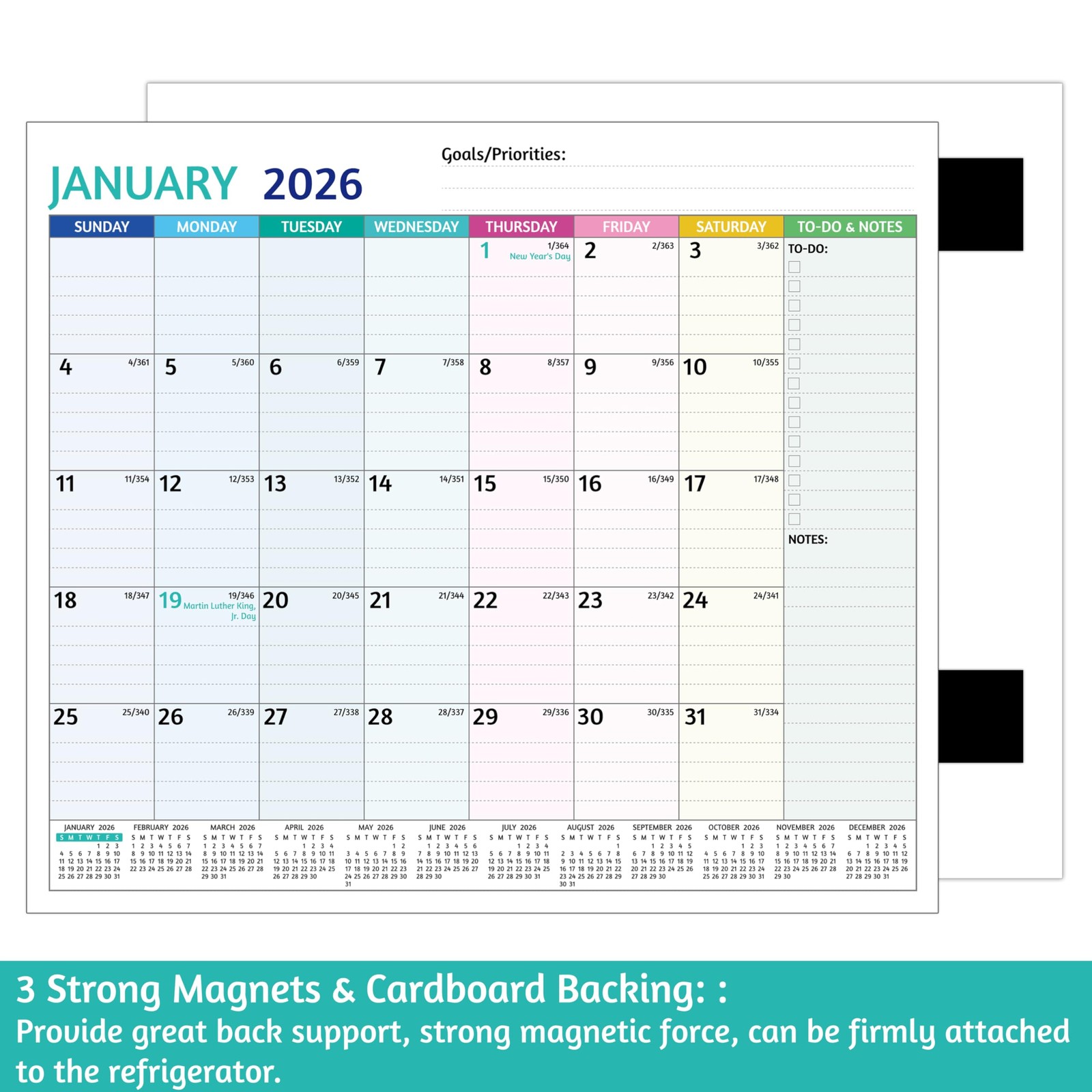 2026-2027 Magnetic Calendar for Refrigerator – 18 Monthly multicolored