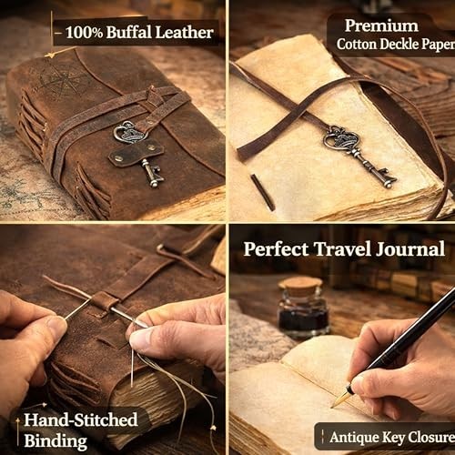 Vintage Leather Journal, Handmade Antique Diary with Deckle Edge Paper, 11×8 Inc