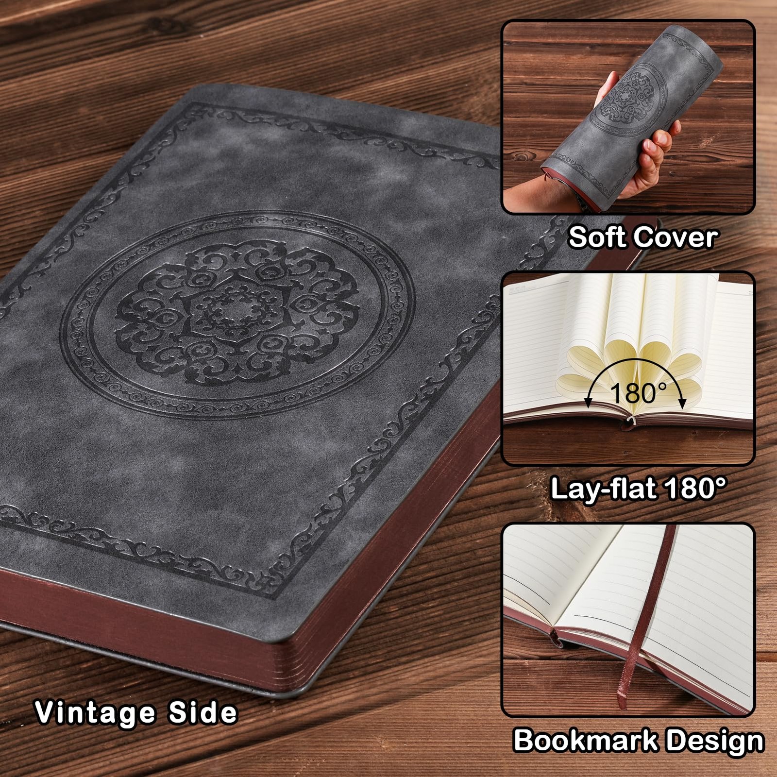Fetinar 2026 Leather Vintage Journal Notebook,300 Pages,Leather Grey