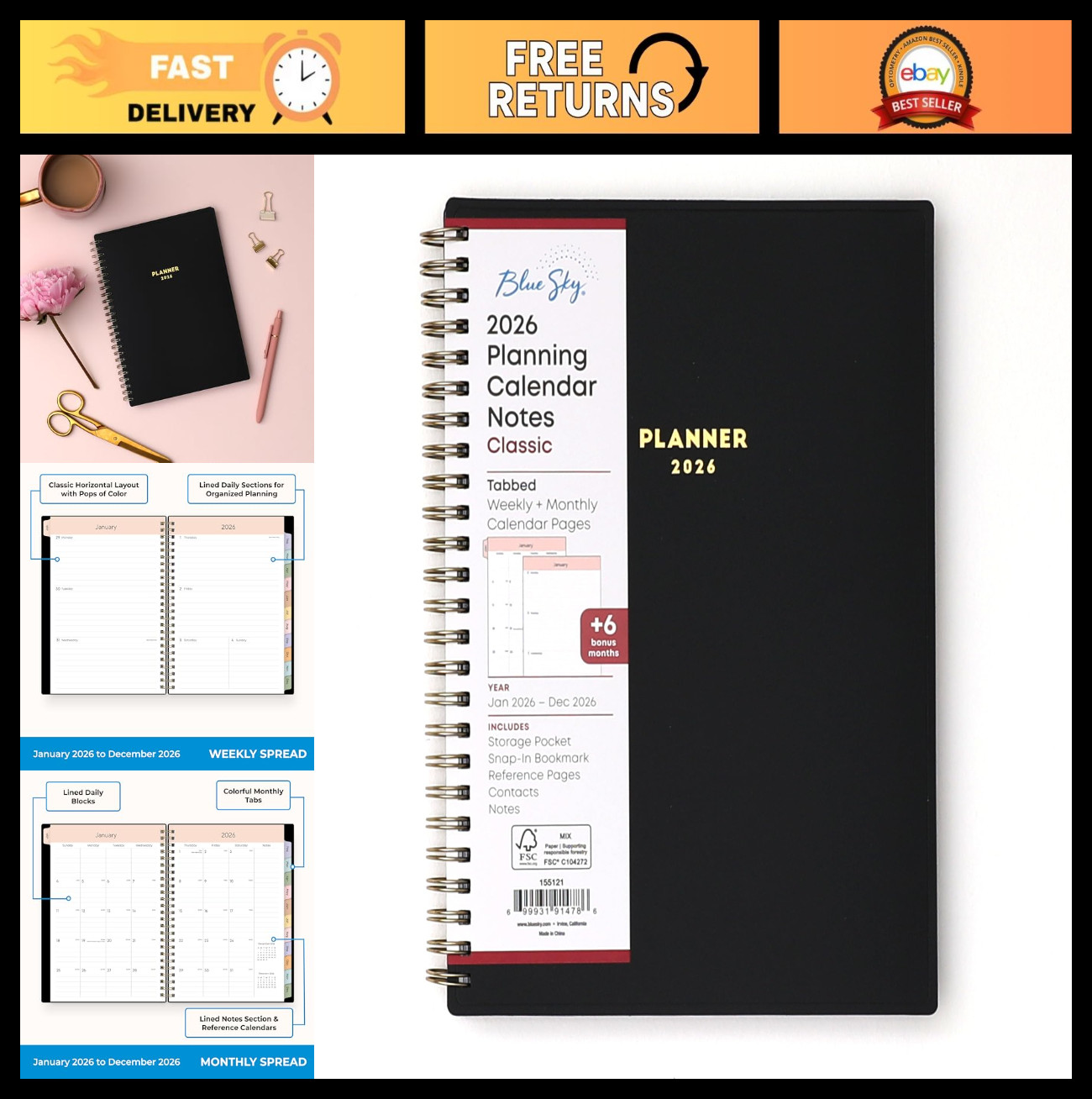 2026 Weekly & Monthly Planner Calendar – Flexible Cover, Storage Pocket, Ruler,