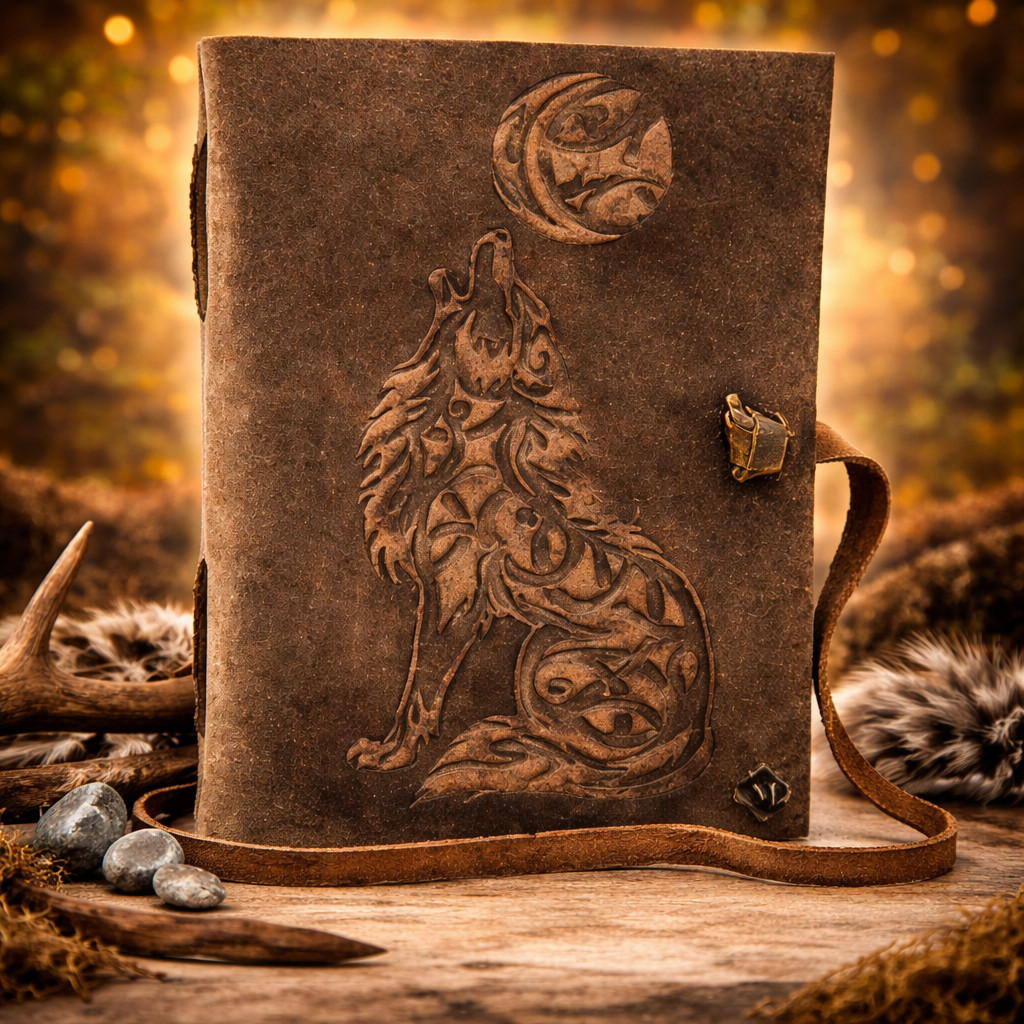 Leather Journal Handmade 7×5″ Wolf Embossed Diary | 200 Unlined Blank Pages