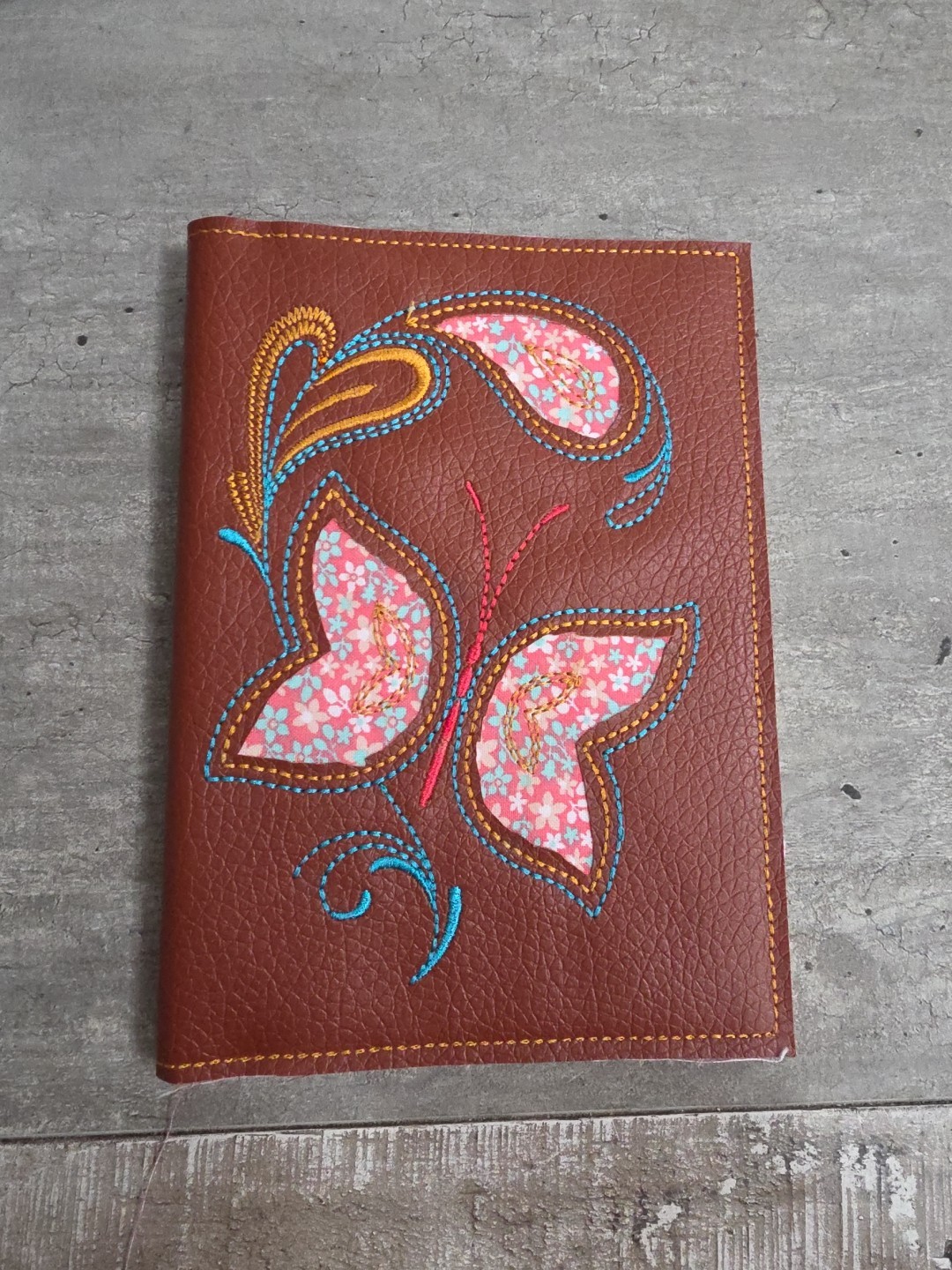 Handmade Small Notebook Cover 7.5″x5″ Brown Pebbled Faux Leather Butterflies