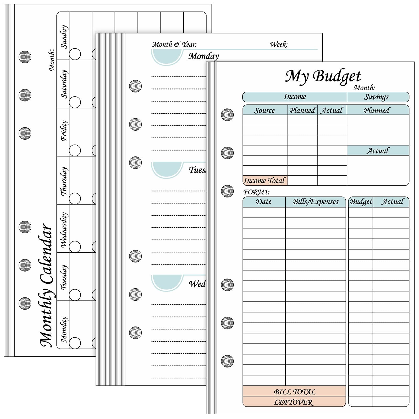 164 Sheets 6 Hole Budget System Refill 37.4 x 66.93 Inch Classic Weekly black