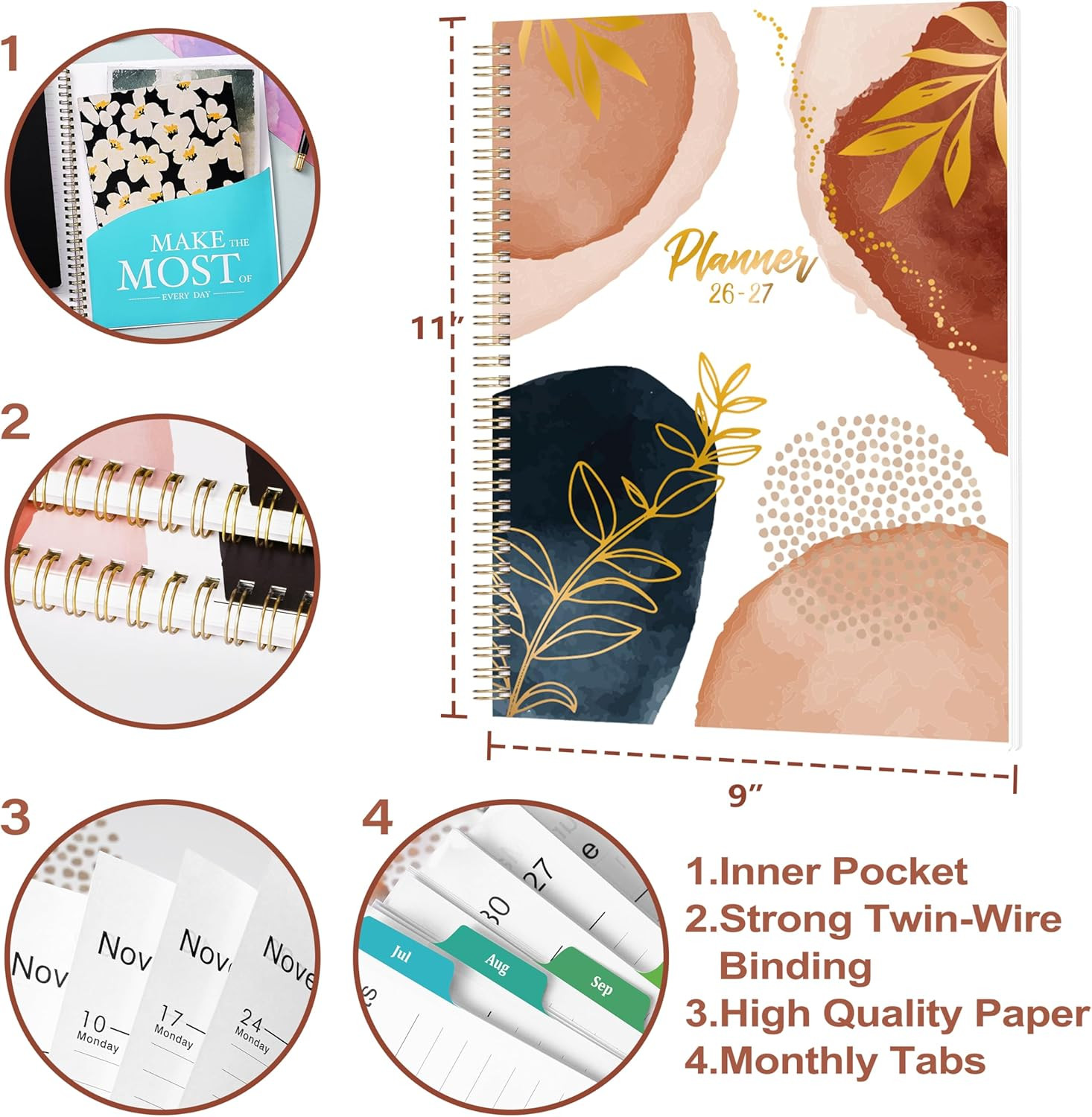 2026-2027 Weekly and Monthly Planner for Women Twin-Wire Binding, Colorful Tabs,