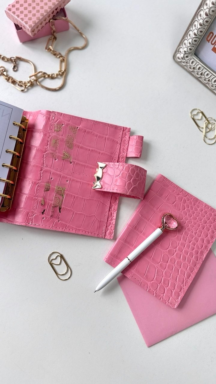 Owl Leather Mini Planner Set – Pocket Size A7 binder 6 rings– pink Croc Embossed
